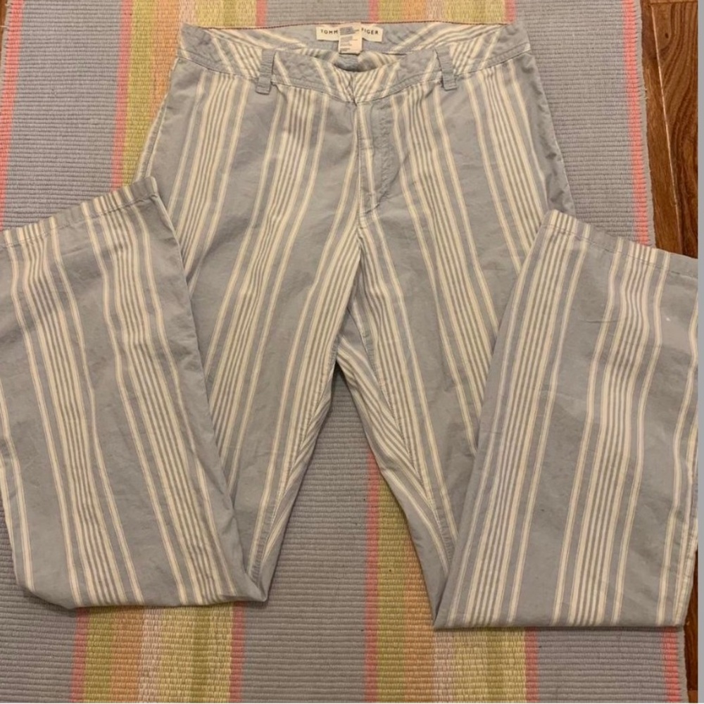 light blue and white striped Tommy Hifiger straight leg pants